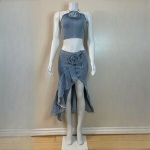 Light blue denim crop top halter neck rose detail high slit midi skirt set